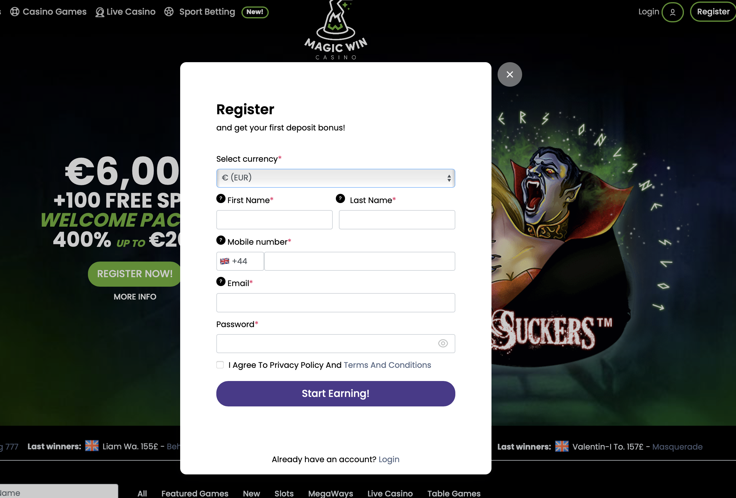 Magic Win registration page